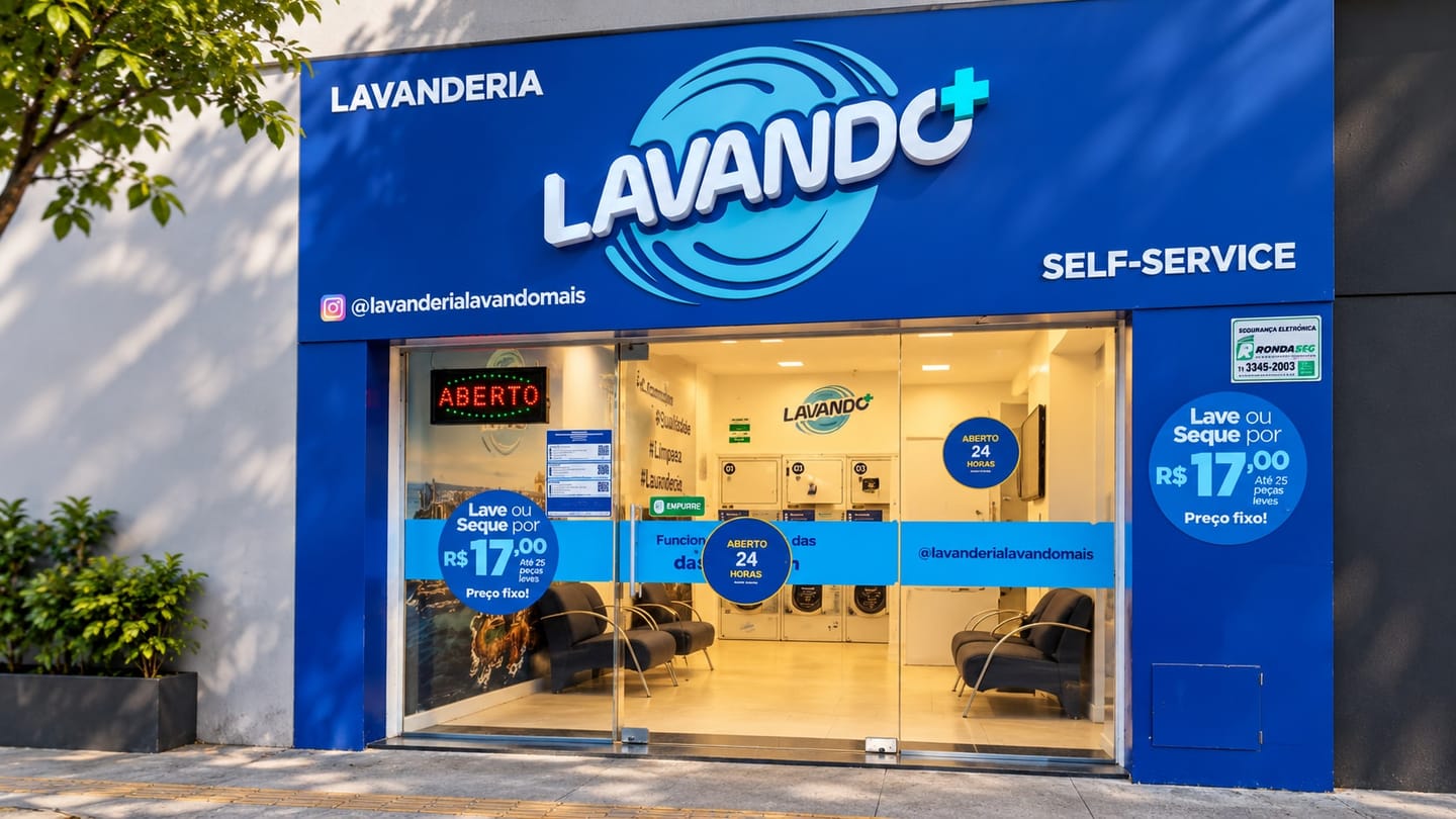 Blue storefront of Lavando Mais in Barra, with the LAVANDO+ sign, the lit ABERTO (open) sign and the price stickers on the window