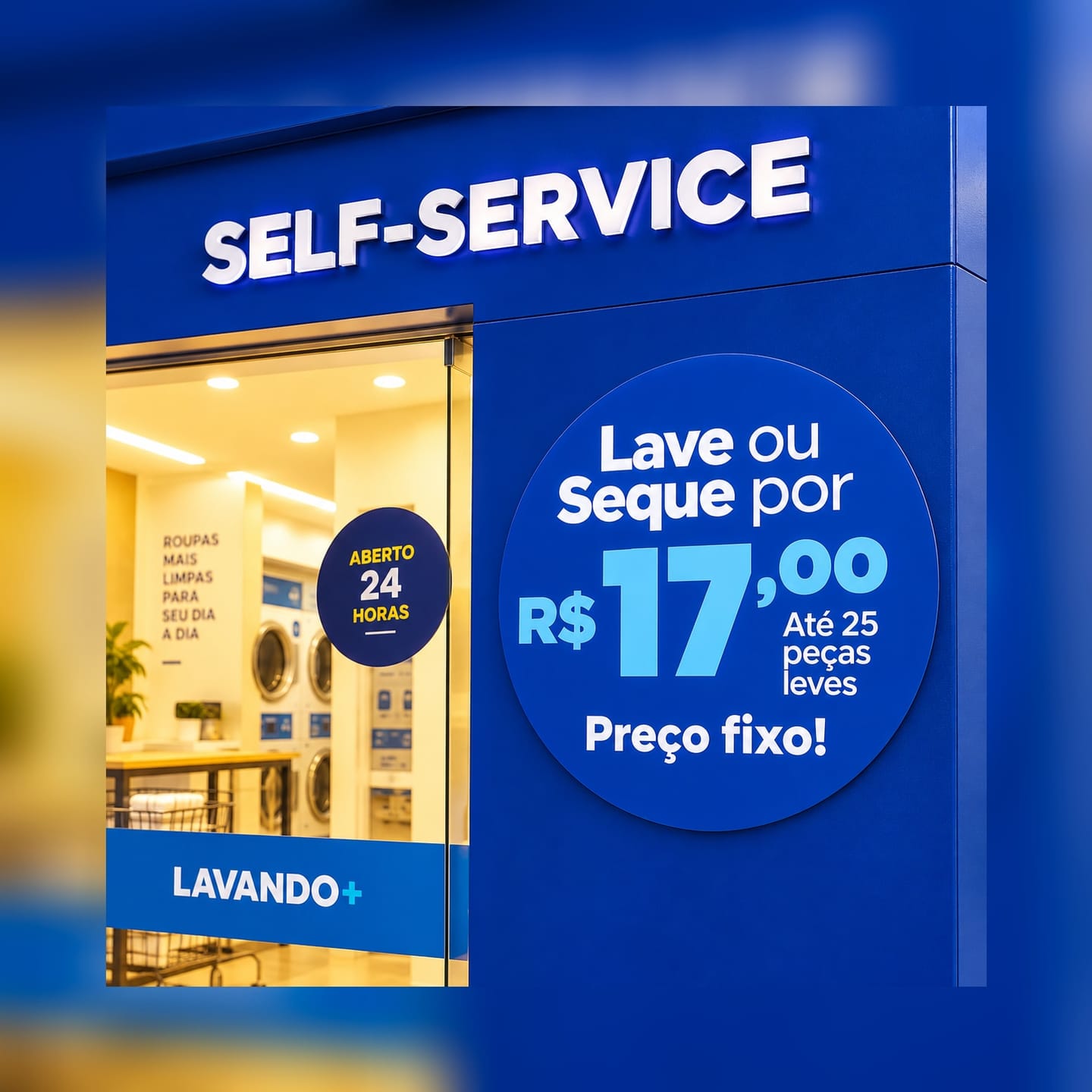 Round sticker on the storefront saying wash or dry for R$ 17.00, up to 25 light items, fixed price, next to the glass door and the open 24 hours sticker